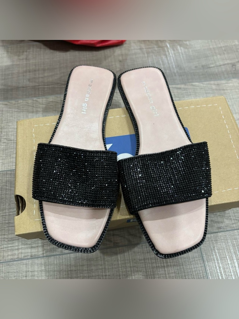 Madden Girl Black Sequin Slide Sandals with Pink Footbed